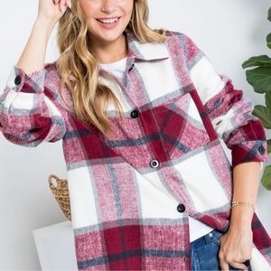 Burgundy Black Gray Cream Plaid Button-Up Shacket